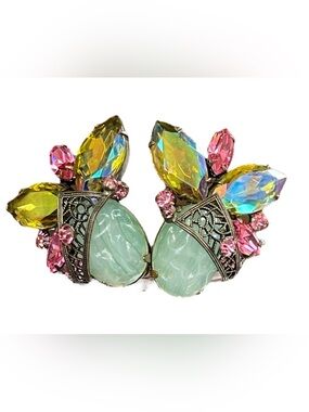 Vintage Alice Caviness Art Glass AB Rhinestone Statement Clip-On Earrings